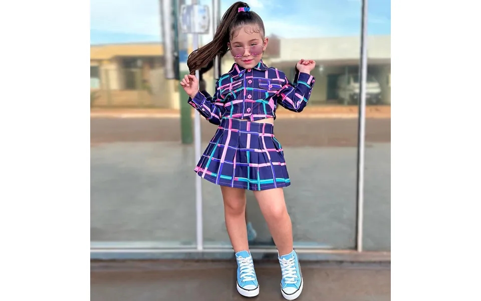 Mother&kids Children's Suit Girls Summer Children Plaid Pleated Skirt Suit