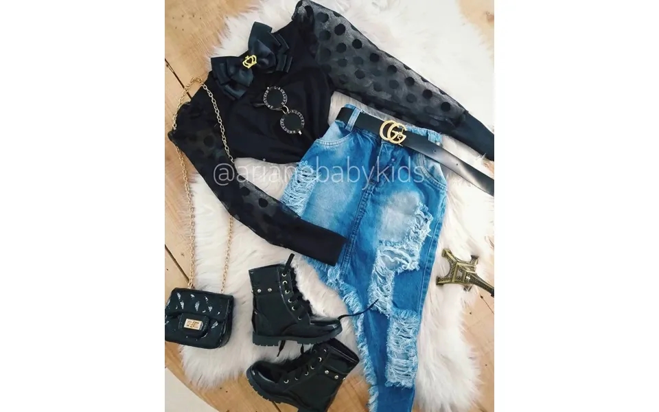 Mther & Kids Clothing Children's Polka Dot Gauze Long-sleeved Top Irregular Hole Denim Skirt