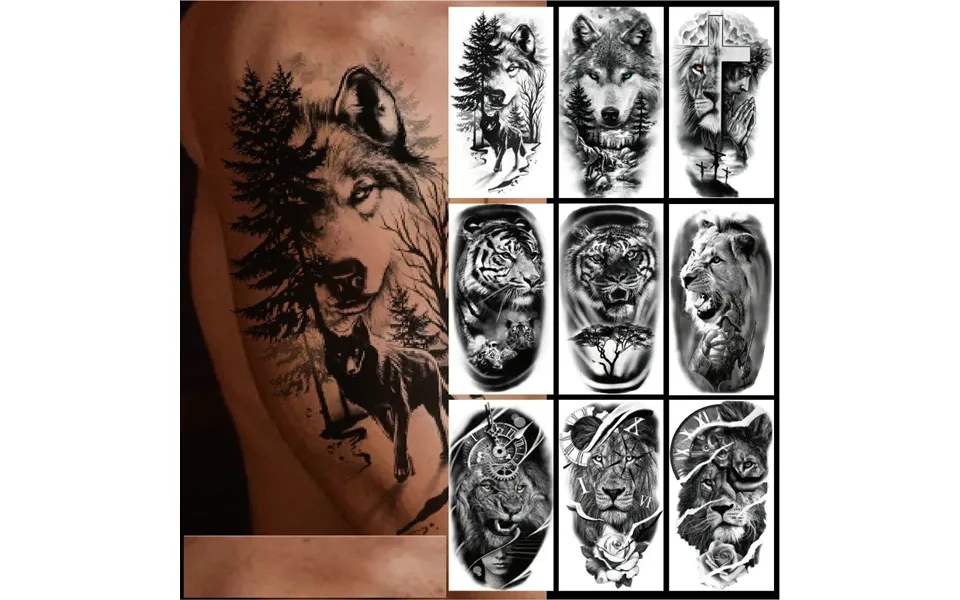 New Disposable Temporary Animal Flower Tattoo Half Arm Lion Tiger Wolf Head Waterproof Stickers For Men Women Female Gir