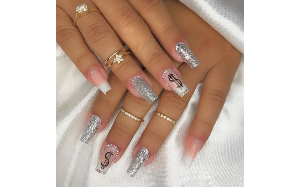 Press 24pcs On Nails Short Ballet False Nails French Glitter Fake Nail With Rhinestone Design Full Cover Detac Rhineste