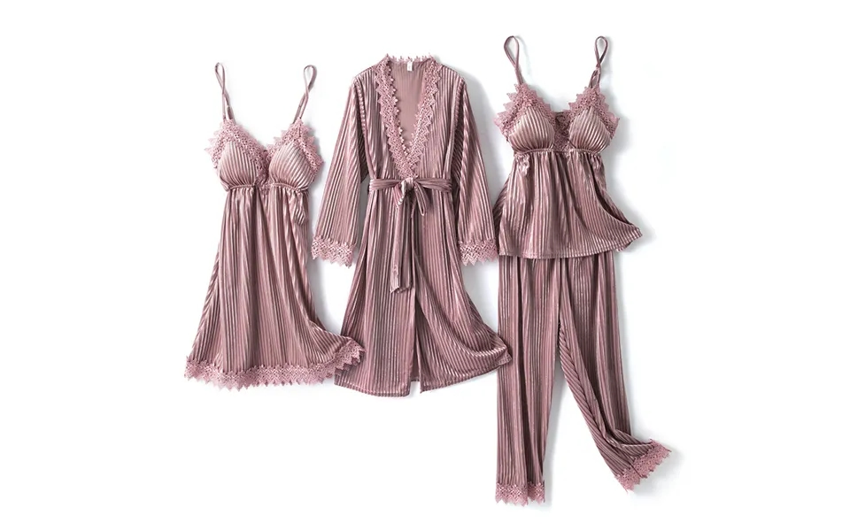 Striped Gold Velvet Pajamas Women's Four-piece Suit Long-sleeved Sexy Nightgown With Breast Pads Nightgown Trousers Home