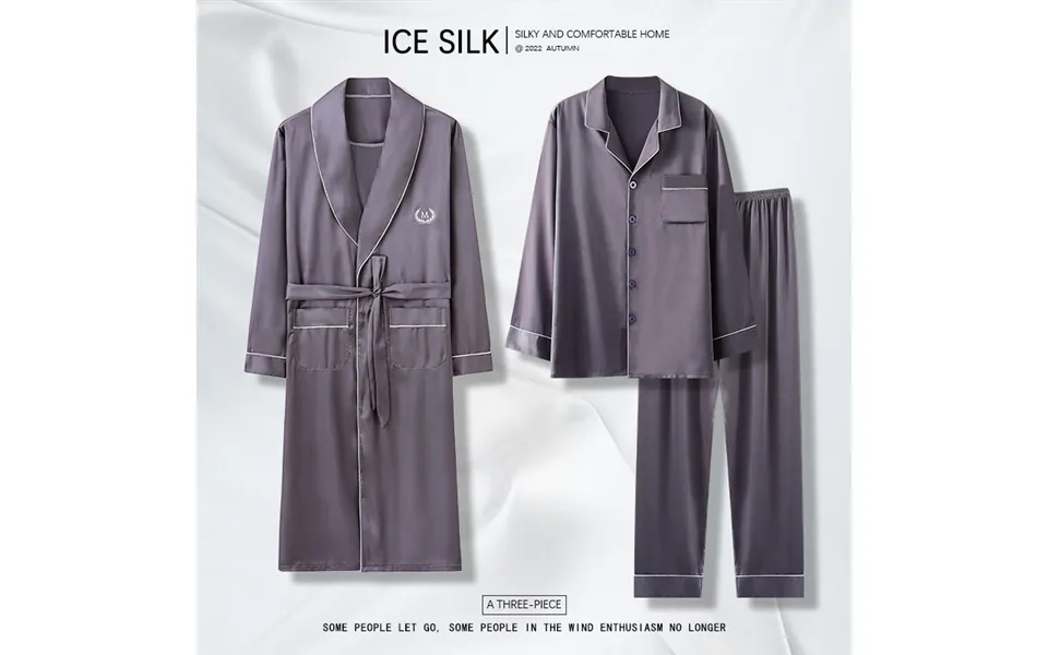 Three-piece Ice Silk Pajamas Men's Spring And Autumn Long Sleeves 2023 New Autumn And Winter Robe Bathrobe High-end Home