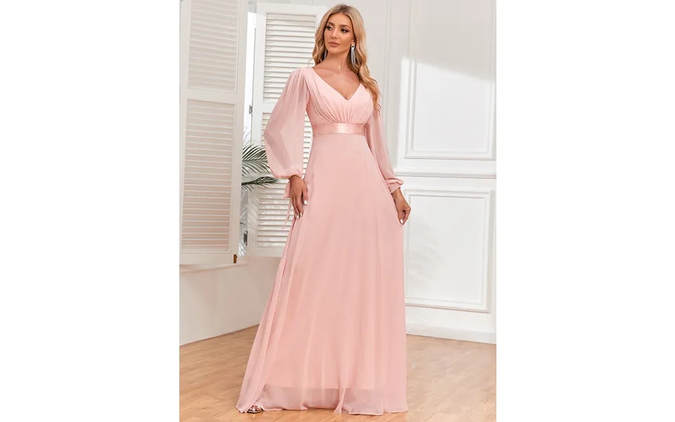 Wedding Party Dress Pink Chiffon Long Sleeve Long Evening Dress V-neck A-line Prom Gowns Formal Dress