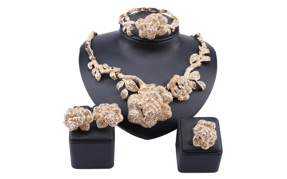 Womendubai Gold Color Rose Flower Crystal Necklace Earring Ring Bracelet Wedding Accessories Jewelry Set