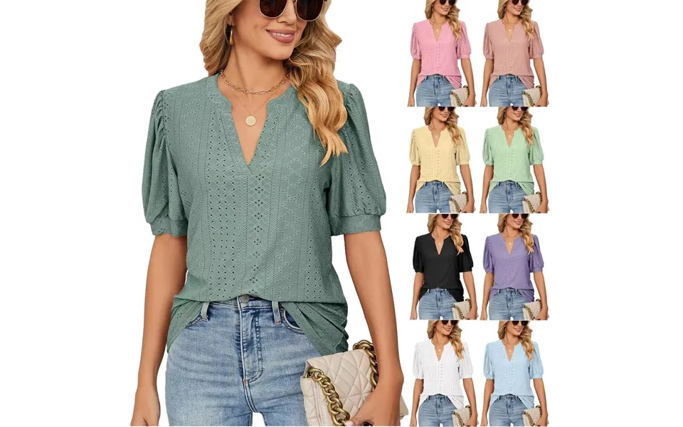 Women's Clothing Casual V-neck Top Solid Hollow Bubble Sleeve Loose T-shirt