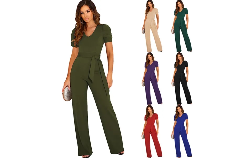 Women's Clothing Strap Waist Wrapped Jumpsuit Solid V-neck Short Sleeve Wide Leg Pants