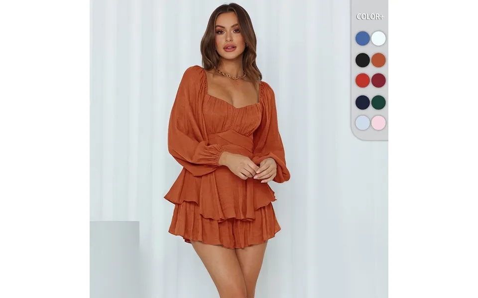 Women's Urban Fashion Ruffled Jumpsuit Lantern Long Sleeved Square Neck Waistband Trendy Casual Dress