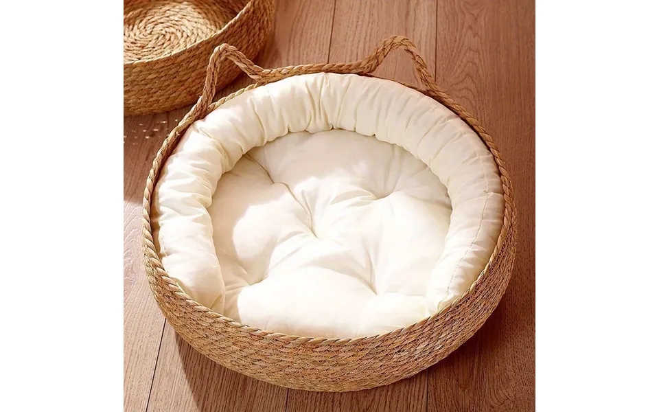 Woven Cozy Cat Bed Plush Cushion Deep Sleep - Hand-woven Round Pet Kennel Pad Sleeping Nest Basket With Pillow For Indoo