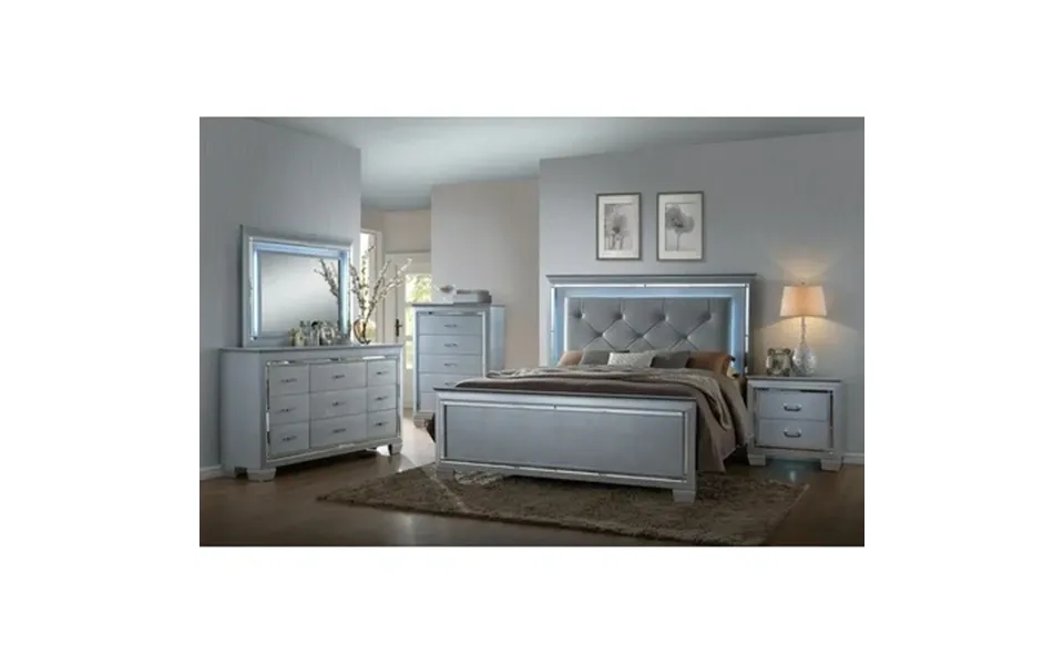 Contemporary Silver Finish 6pc Queen Size Led Backlit Upholstered Hb Bed Dresser Mirror Nightstand Chest Wooden Bedroom