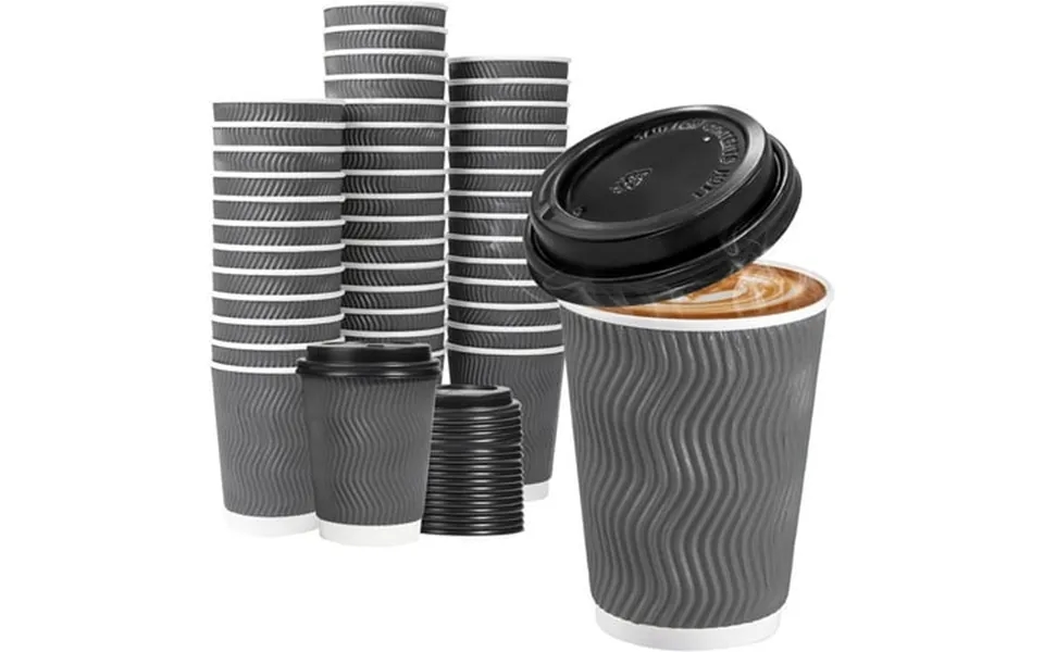 Lamosi 12 Oz Paper Cups With Lids Disposable Insulated To Go Cups Ripple Double Wall Grey 100 Count