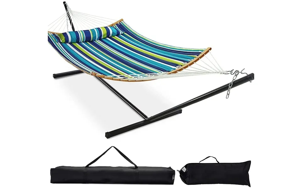 12 Ft Curved Bar Hammock With Stand - Blue Green Stripes