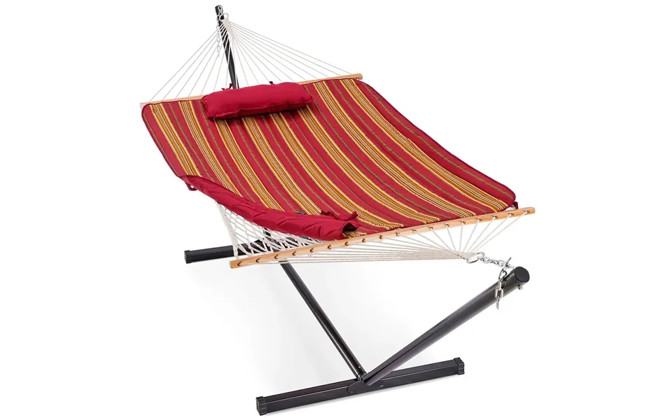 12 Ft Rope Hammock With Stand And Removable Pad - Red Gold Stripe