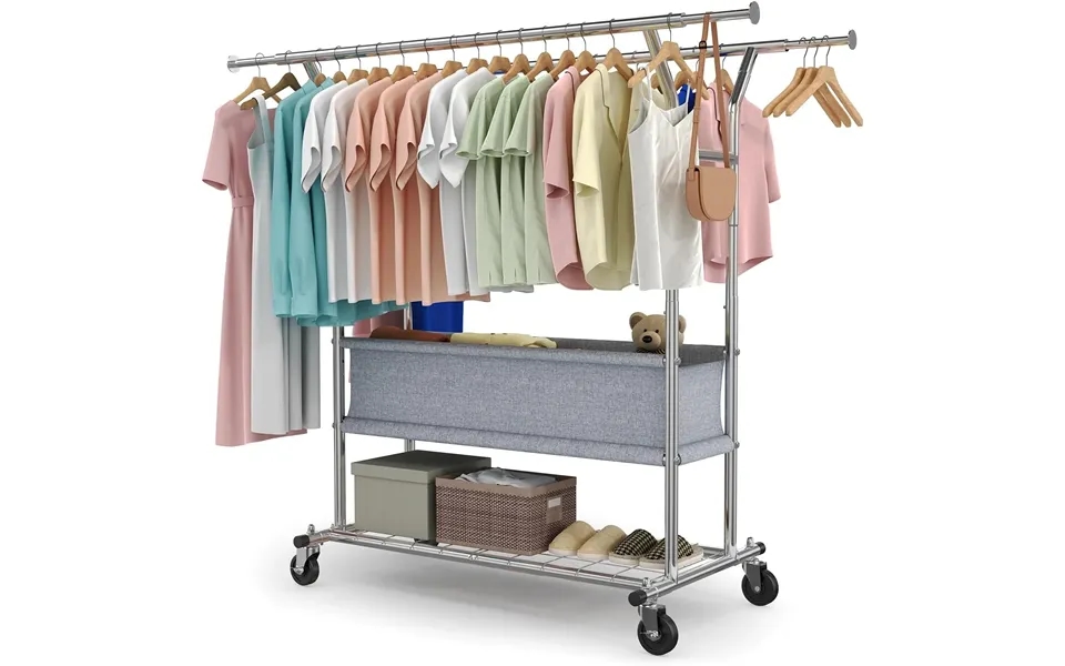Heavy Double Rod Clothes Rack With Fabric Basket